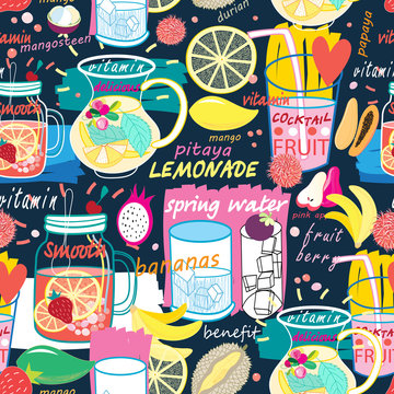 Bright pattern of various fruit drinks and fruit