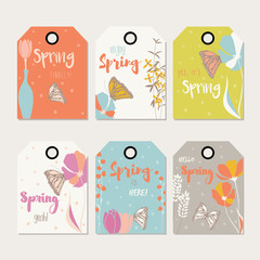 Spring floral gift tag design, with hand drawn flowers, floral elements, vases and monarch butterflies