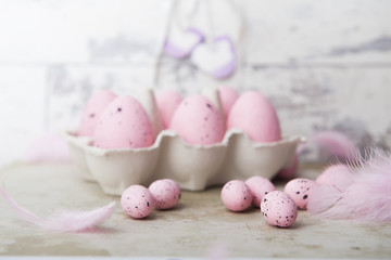 painted eggs on the bright background 