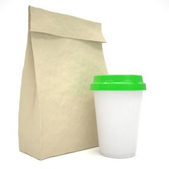 Fototapeta na wymiar Coffee to go and lunch bag, on white.