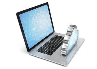 Fototapeta premium Laptop with cloud computing symbol on keyboard. 3d render