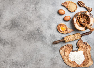 Eggs, flour, sugar, almond. Ingredients dough preparation