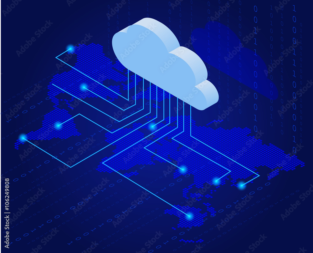 Poster bitcoin in cloud. bitcoin mining isometric flat vector concept. cloud technology. virtual money. fla