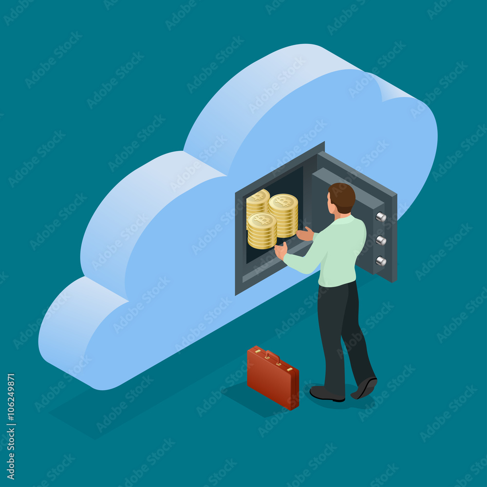 Poster bitcoin mining equipment. flat 3d isometry isometric online mining bitcoin concept. bitcoin in cloud