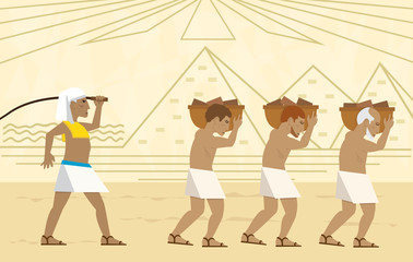 Slaves In Egypt - Passover illustration of slaves carrying bricks and a stylized landscape of the pyramids in the background. Eps10