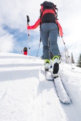 Rear view of skier ascending a slope. 