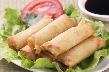 Traditional Chinese Spring Rolls with a dipping sause