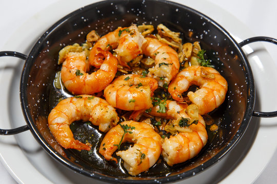 delicious prepared shrimps in the fry pan