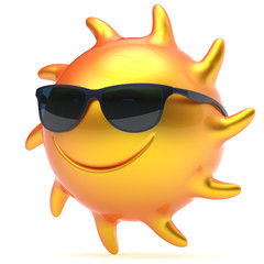 Sun smiley face sunglasses cheerful summer smile cartoon ball emoticon happy yellow orange sunny heat icon. Smiling laughing character vacation holiday chilling sunbathing sunbeam avatar. 3d render