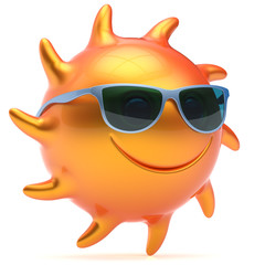 Smile sun face sunglasses cheerful summer smiley cartoon ball emoticon happy yellow orange sunny heat icon. Smiling laughing character vacation holiday chilling sunbathing sunbeam avatar. 3d render