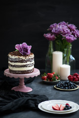 Chocolate Cake, Berries and Violet Parrot Tulips, Dark Background