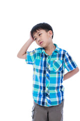 Attractive 7 year old boy making thinking expression. Isolated 