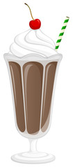 Vector illustration of a chocolate milkshake topped with whipped cream and a cherry.