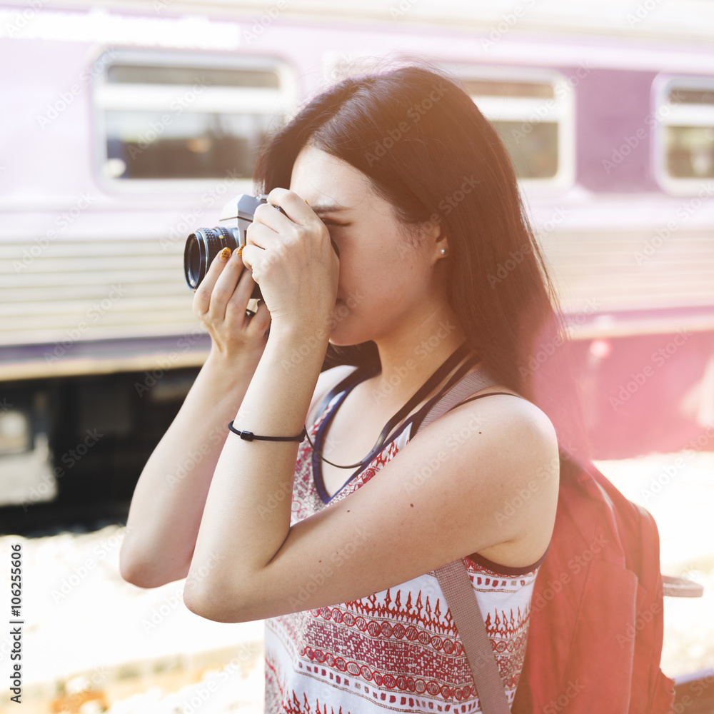 Wall mural Girl Adventure Hangout Traveling Holiday Photography Concept