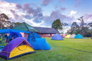 Campsite With Colorful Tents In Evening