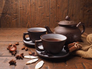 Asian tea clay set on wooden background