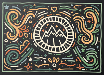 Mountain. Hand drawn vintage print with decorative outline ornament