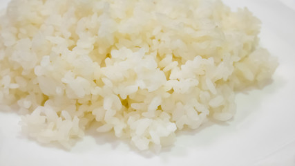 The close up of Japanese cooked rice on the white plate.