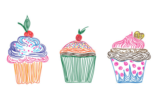 Set, cupcakes icons in doodle style, sketch, vector