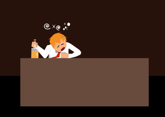 drunk businessman drinking whiskey with alcohol bottle on the table vector cartoon