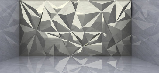 3D rendering of  silver polygon wall in marble room
