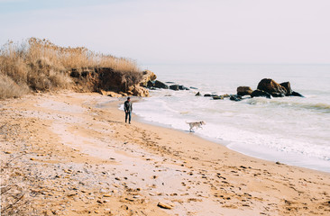 Fototapeta na wymiar man playing with labrador dog on beach