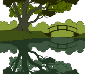 Hand drawn nature landscape of a big green tree standing by the river or lake