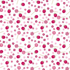 Raspberry lollipops, candy and chewing gum seamless pattern back