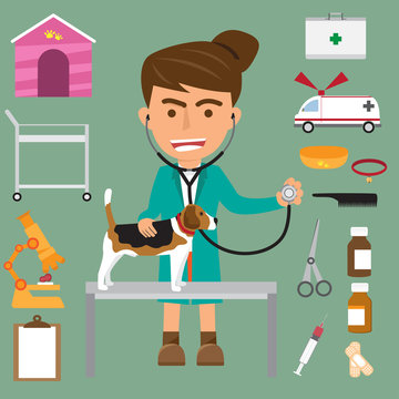 Veterinary examining dog with icons. vector illustration.