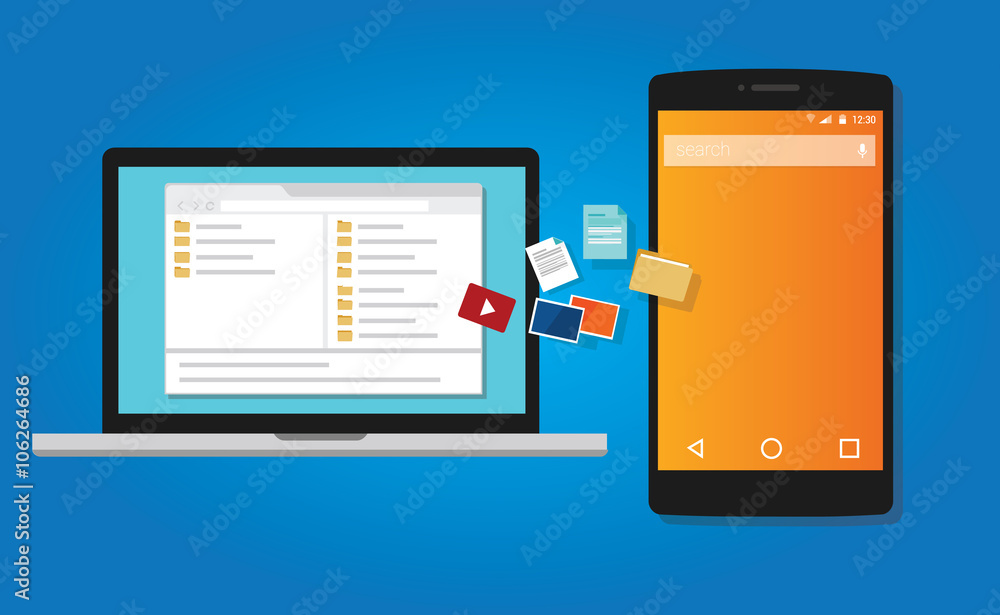 Poster file transfer copy document to mobile phone from computer icon symbol illustration