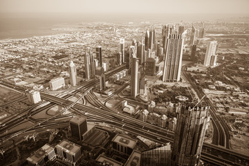 Dubai downtown morning scene. Top view