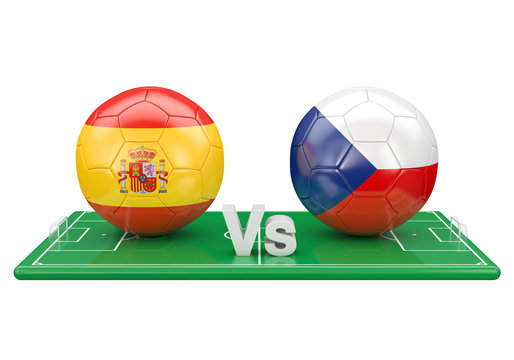 Spain / Czech republic soccer game over soccer field