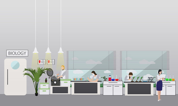 Scientist working in laboratory vector illustration. Science lab interior. Biology education concept. Male and female engineers making research experiments