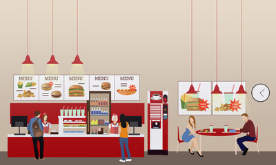 Fast food restaurant interior vector illustration. Horizontal banner in flat style design. Eatery menu