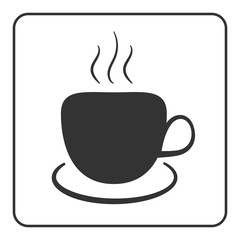 Coffee cup icon. Mug for cappuccino, espresso, mocha, latte, coffee, tee drinks. Symbol of hot beverage. Flat graphic style. Black silhouette isolated on white background in frame. Vector illustration