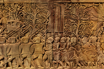 Cambodia Architecture. Bas-relief , Wall Carving Of Prasat Bayon Temple In Angkor Thom, At Angkor Wat Complex. Scene Of Marching Army, Khmer Culture. Famous Landmark. Tourism. Ornament Background