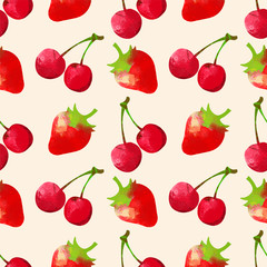 Seamless pattern with watercolor cherry and strawberry 