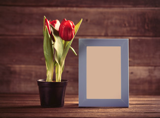 bunch of tulips and photo frame on the table