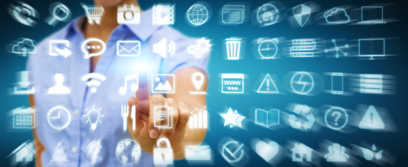 Businesswoman using digital tactile screen interface with web ic