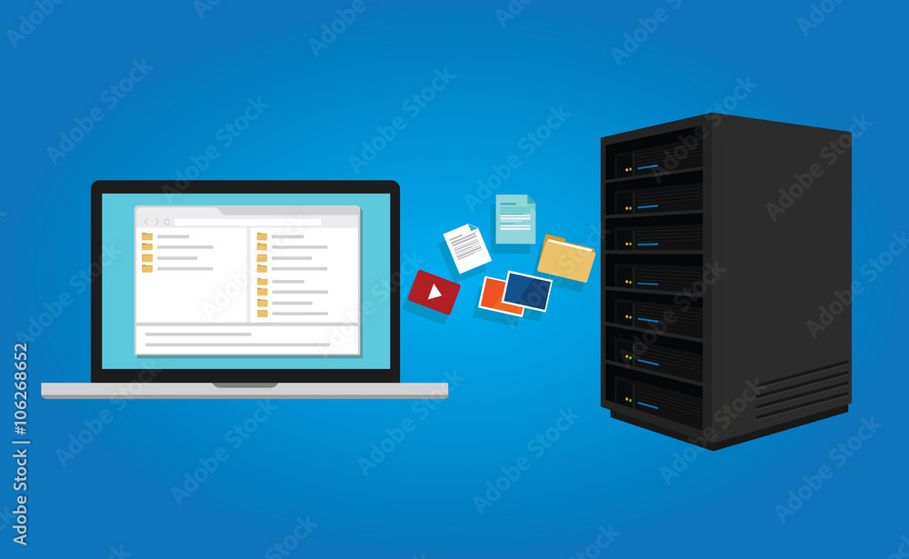 Poster ftp file transfer protocol copy document data from computer laptop to server icon symbol illustratio