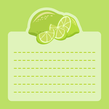 Illustration of cute lime slice icon in green background and empty notes space for writing message.