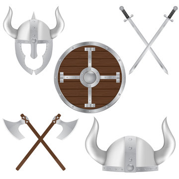 Viking shield, helmet, axes, sword