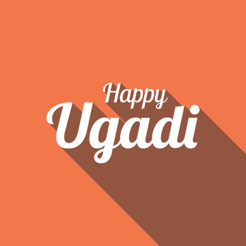 Happy Ugadi in flat style with long shadow on orange background