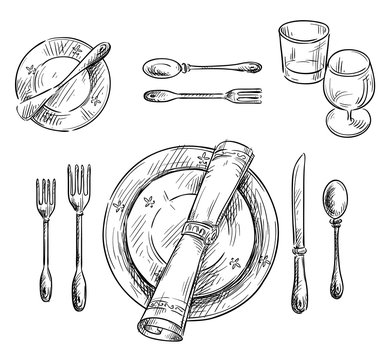 Table Setting. Vector Sketch.