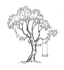 Tree and swing. Vector sketch. - 106273208