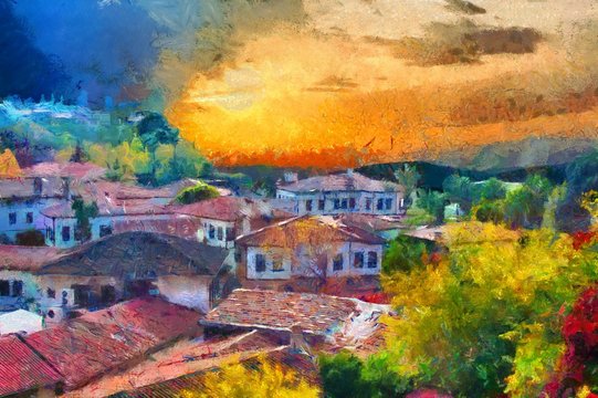 Image in painting style of a View of Kaleici Antalya Turkey