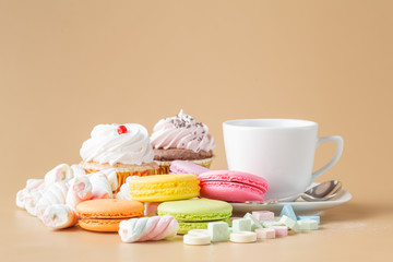 French delicious dessert macaroons on table