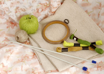 Fototapeta na wymiar Tools and materials for handamde and handiwork - sewing, embroidery, knitting