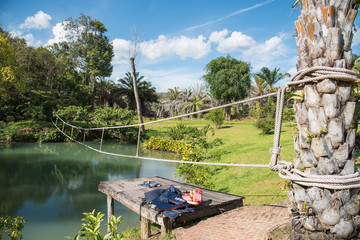 natural pool with adventure rope.