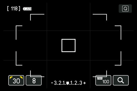 camera viewfinder with exposure and camera settings with black background